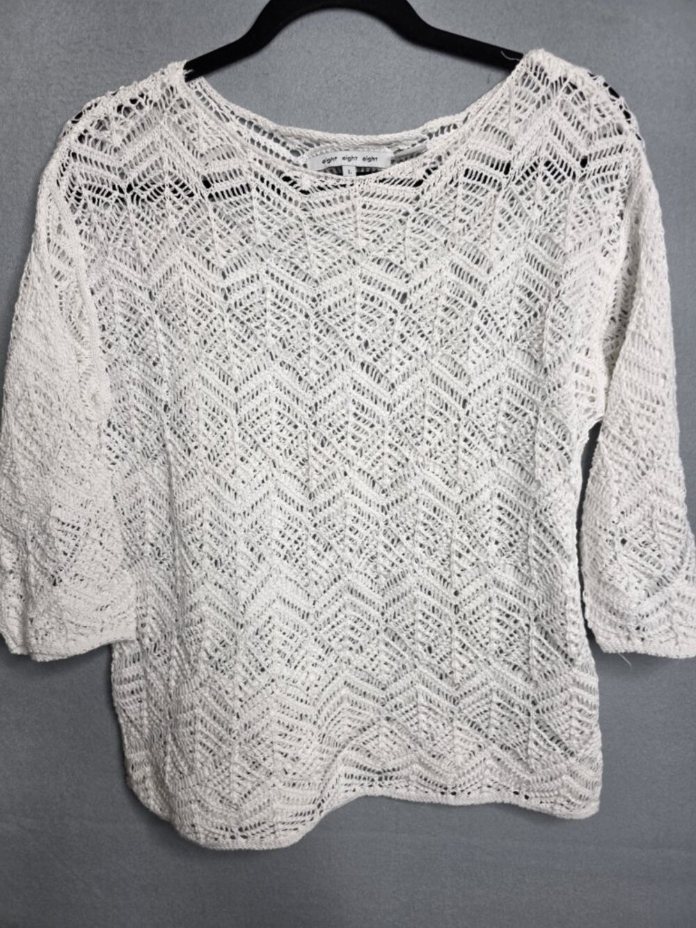Eight Eight Eight Sweater Women's Size Large White 3/4 Sleeve Crochet
